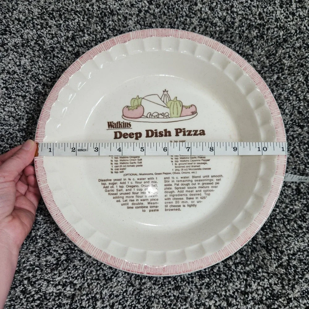 Vtg Watkins Deep Dish Pizza Recipe Ceramic Pie Plate Dish Rare HTF Discontinued